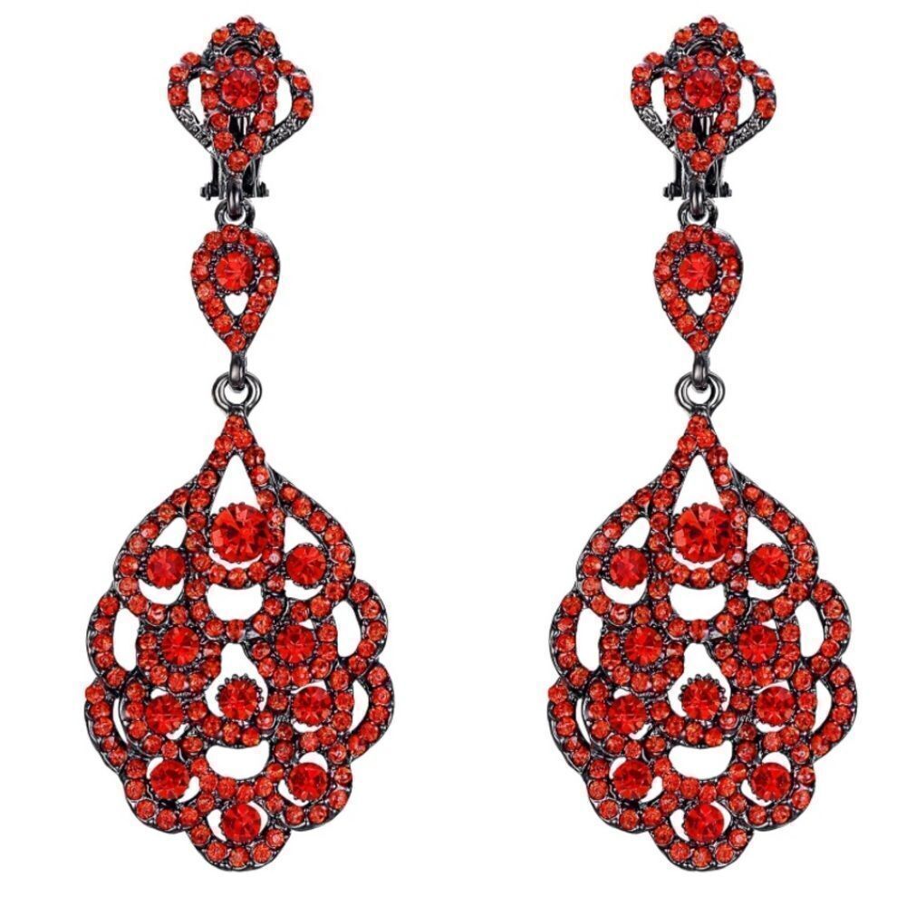 Gun Metal with Ruby Red Austrian Crystal Dangling Chandelier Clip On Earrings
